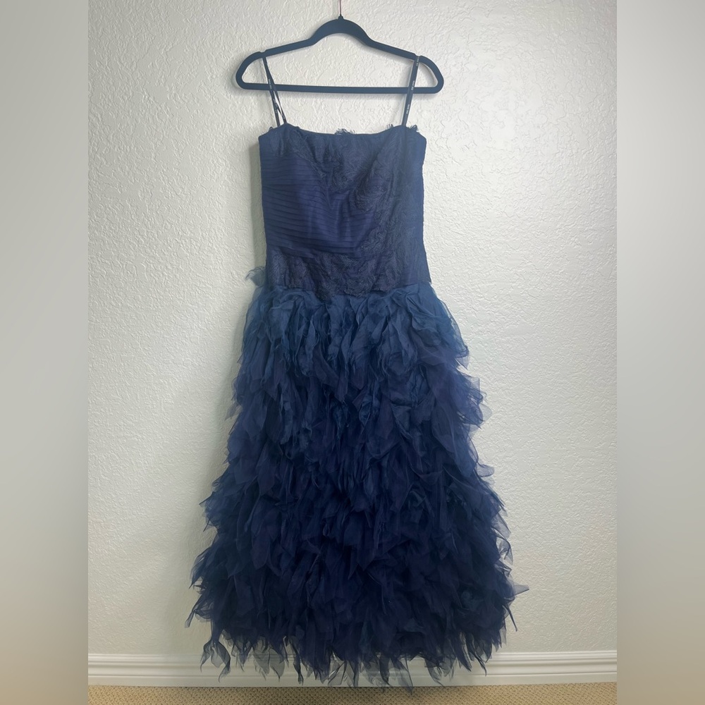Tadashi Shoji Flamingo Tulle Feather Gown Blue Sz 10